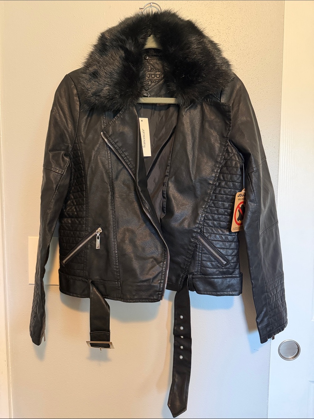 Francesca's Collections Black Faux Fur Collar Leather Moto Jacket